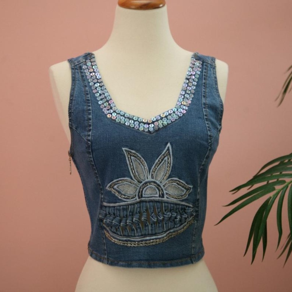 Sequined Embellished Short Denim Vest